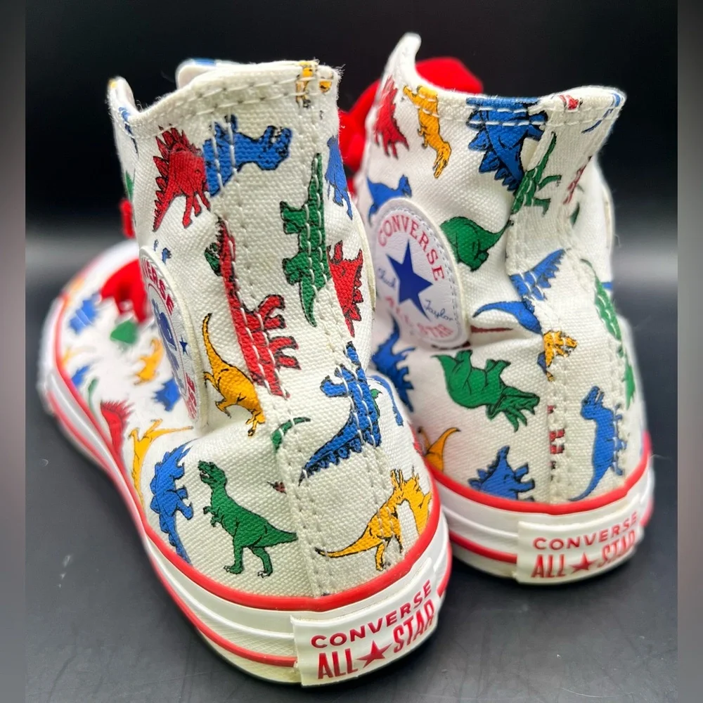 Converse- Dinosaur Print High-Top Sneakers‎ with Red Laces, Youth Size:3